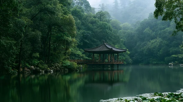 霧の森に佇む水辺の東屋の壁紙 - 自然・風景 / 海・湖・水辺