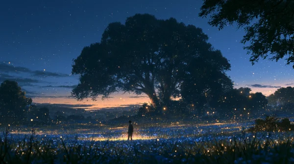 夕暮れの花畑に立つ大きな木と人影の壁紙 - 自然・風景 / 花・植物
