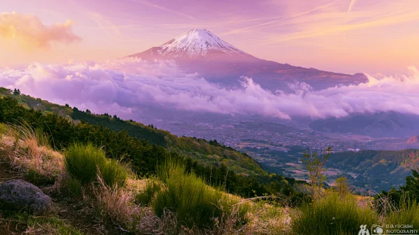 紫の空に浮かぶ雪の富士山と春の斜面の壁紙 - 自然・風景