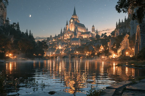 A Lakeside City Lit Among the Mountains - Fantasy & Space / Architecture & Cities wallpaper