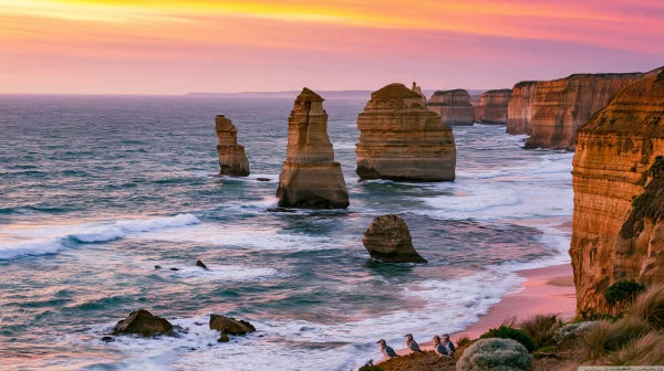 Sea Stacks in a Pink Sunset - Sea, Lakes & Water / Sky, Stars & Sunsets wallpaper