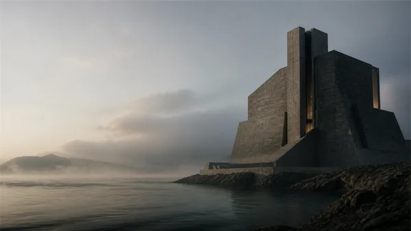A Brutalist Mass on the Misted Water - Mono 4K - Architecture & Cities / Sea, Lakes & Water wallpaper
