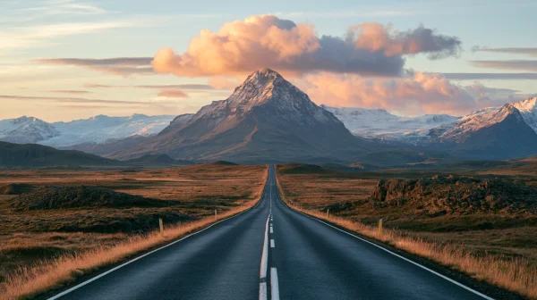 Long Straight Road toward a Mountain and Sunset Clouds - Nature & Landscape / Sky, Stars & Sunsets wallpaper