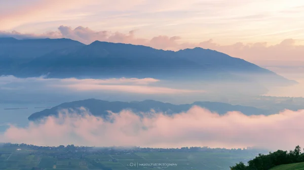 Blue Mountains in Morning Haze under a Pink Sky - Nature & Landscape wallpaper
