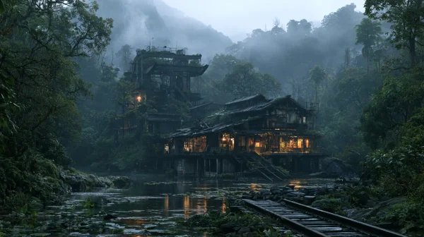 霧の山にたたずむ古い木造の館の壁紙 - 自然・風景