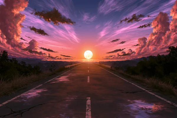 紫に染まる一本道の夕暮れ - ファンタジー・宇宙 / 空・星空・夕景の壁紙