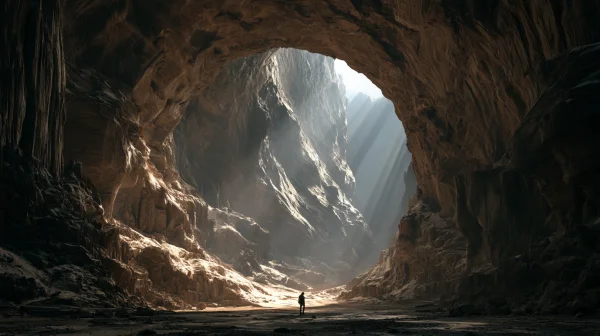 Cave Exit with Light and a Tiny Figure - Nature & Landscape wallpaper