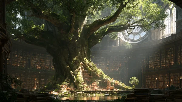光が差す大樹の根元の図書館の壁紙 - 自然・風景