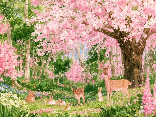 春の花畑と子鹿 - イラスト / 自然・風景の壁紙