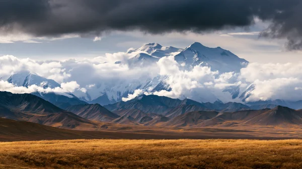 Snow Peaks Through Clouds over an Autumn Plain - Nature & Landscape wallpaper