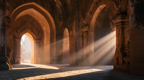 Sunbeams Through an Ancient Temple Corridor - Orange Full HD - Heritage & Ruins wallpaper