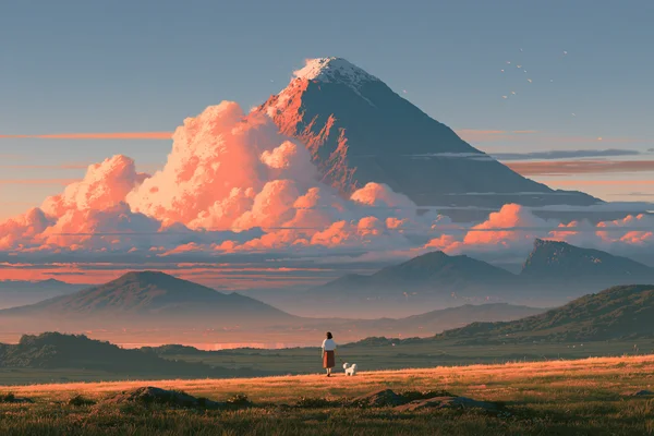 犬と歩む夕焼けの草原 - 桃色の雲 - イラスト / 動物の壁紙