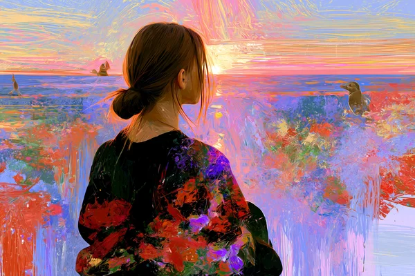 夕焼けを見つめる女性の絵 - イラストの壁紙