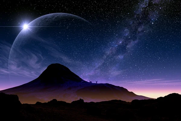星空に浮かぶ霊峰の影 - ファンタジー・宇宙 / 空・星空・夕景の壁紙
