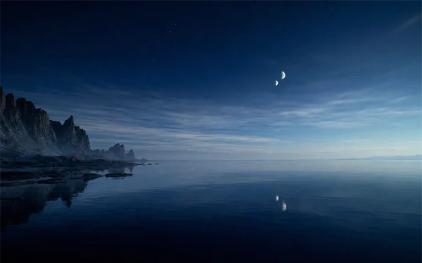 Two Moons Mirrored on a Blue Sea - Blue 4K - Fantasy & Space / Sea, Lakes & Water wallpaper