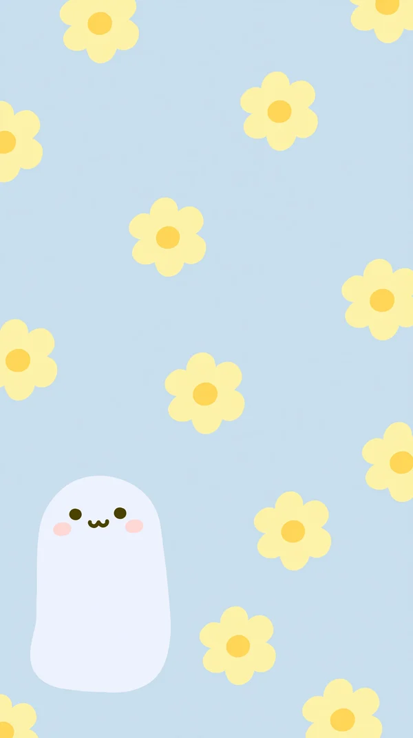 花咲く青い庭のおばけ - 青 スマホ - かわいい / イラストの壁紙