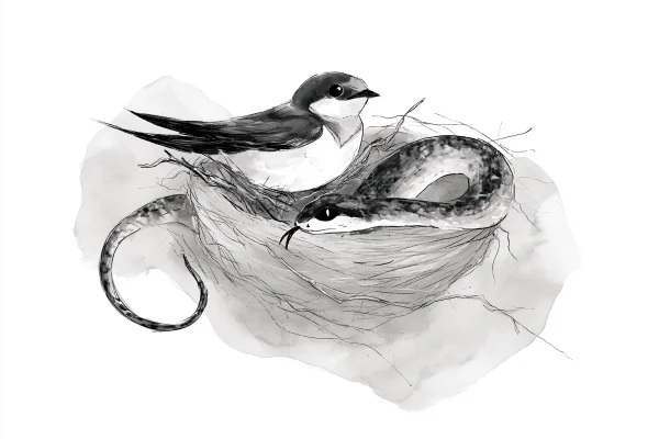 水墨で描かれた鳥と巻きつく蛇の壁紙 - 動物 / かわいい