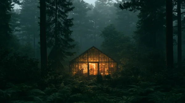 Glowing Cabin in a Misty Forest - Nature & Landscape wallpaper