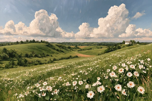 白い雛菊咲く丘とわた雲 - 初夏の午後 - 自然・風景 / 花・植物の壁紙