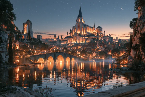 A Lit Bridge Over the Lake at Night - Fantasy & Space / Architecture & Cities wallpaper