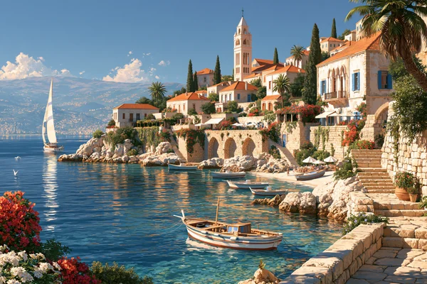 A Cove Town With a Moored Boat - Architecture & Cities / Sea, Lakes & Water wallpaper