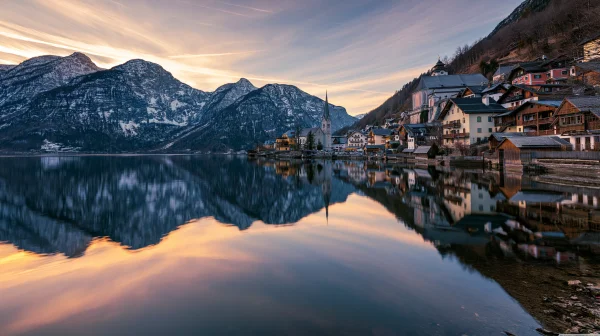 Hallstatt Town Mirrored in a Sunset Lake - Architecture & Cities / Sea, Lakes & Water wallpaper