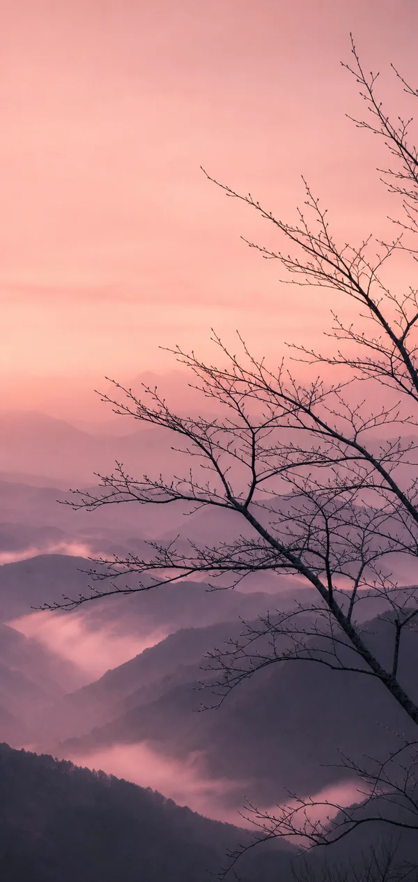 暁の山にのびる裸の枝 - ピンク スマホ - 空・星空・夕景 / 自然・風景の壁紙