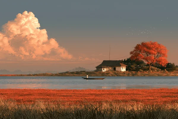 A Lake Beyond the Crimson Grass - Sea, Lakes & Water / Nature & Landscape wallpaper