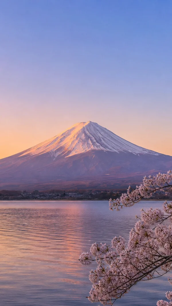 桜越しに望む夕暮れの富士 - ブルー スマホ - 花・植物 / 空・星空・夕景の壁紙