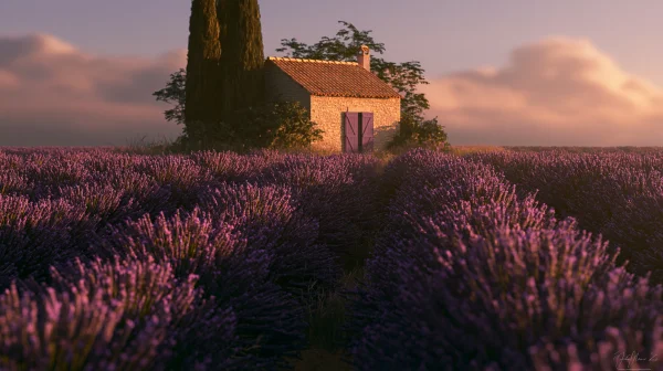 Stone House in Sunset Lavender Fields - Flowers & Plants / Sky, Stars & Sunsets wallpaper