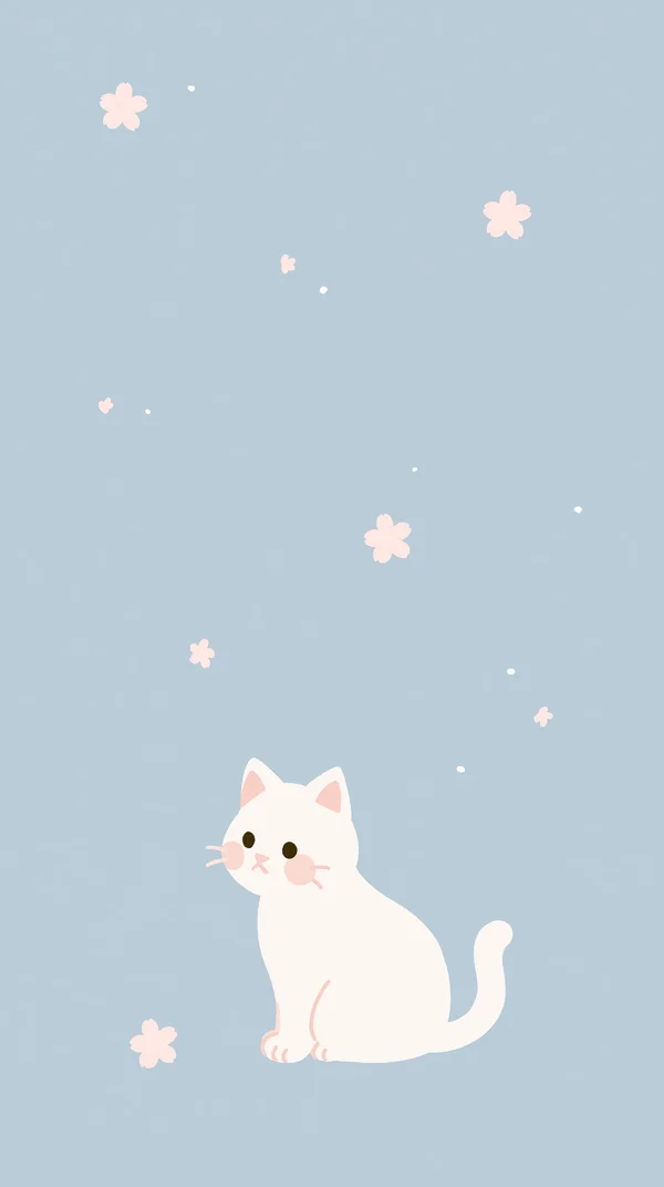 桜舞う中でくつろぐ白猫 - 青 スマホ - かわいい / イラストの壁紙