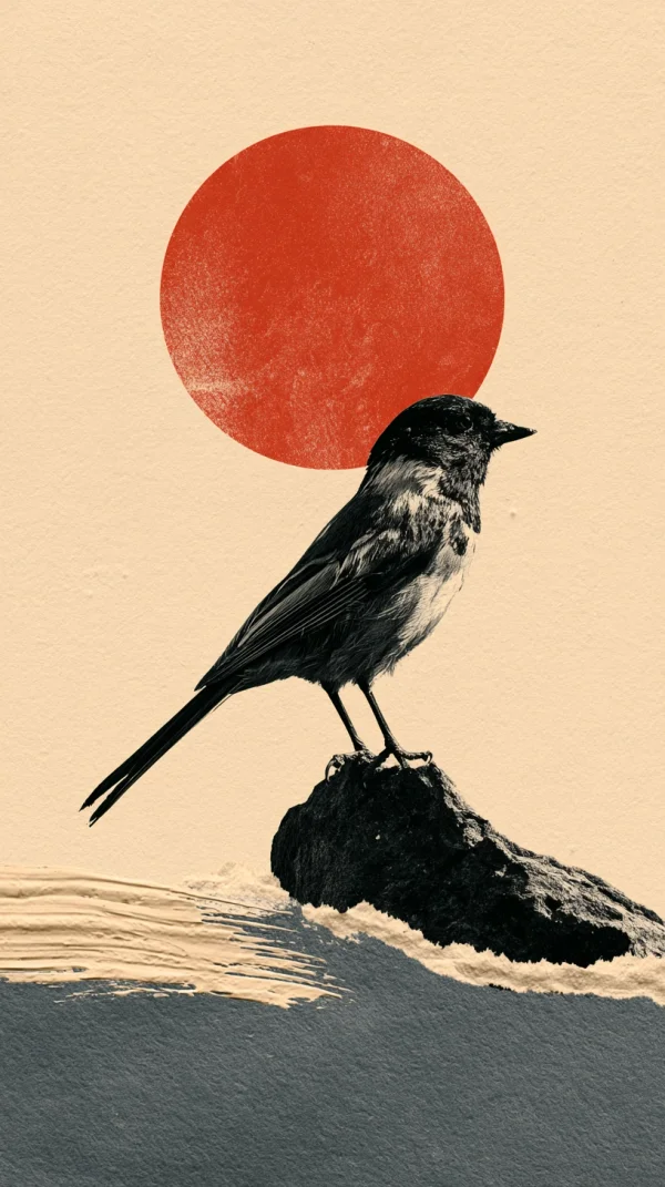 赤い太陽と岩にとまる小鳥のイラストの壁紙 - かわいい / 動物