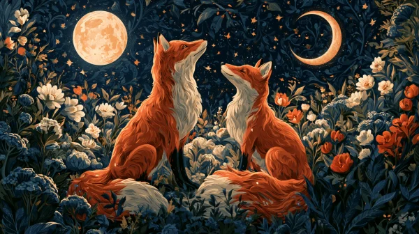 Two Foxes among Flowers under the Night Sky - Cute / Flowers & Plants wallpaper