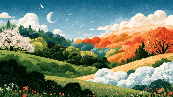 カラフルな丘と雲が広がるイラストの風景の壁紙 - イラスト / 自然・風景