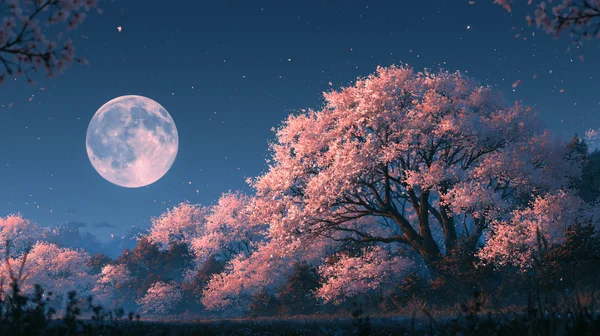 満月に照らされた夜桜の丘 - ピンク フルHD - 花・植物 / 空・星空・夕景の壁紙