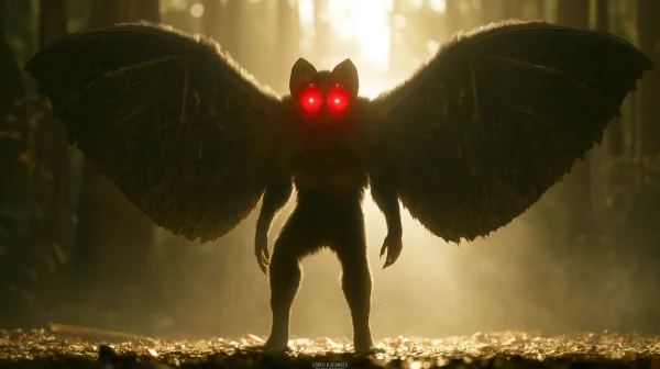 Winged Red-Eyed Creature in a Golden Haze - Fantasy & Space wallpaper