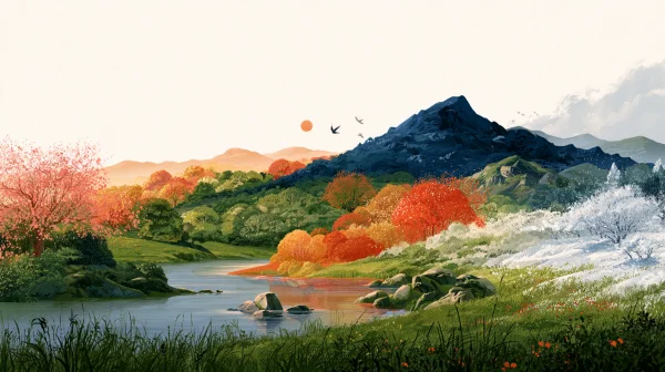 オレンジの木々と湖の山のイラストの壁紙 - 自然・風景 / イラスト