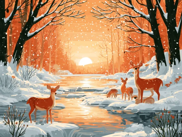 雪解け川に映る夕陽 - イラスト / 海・湖・水辺の壁紙