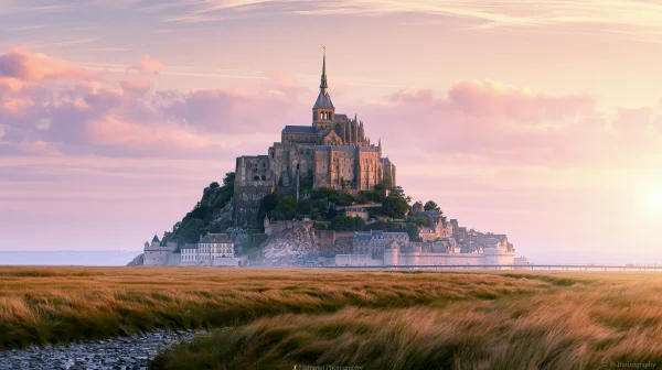 Abbey Island under a Pink Evening Sky - Sky, Stars & Sunsets / Sea, Lakes & Water wallpaper