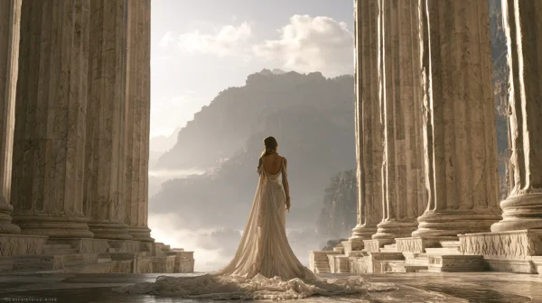 White-Gowned Figure between Temple Columns - Fantasy & Space / Heritage & Ruins wallpaper