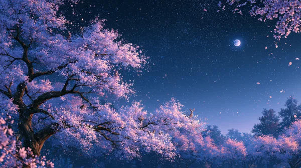 星降る夜に咲く桜と静かな鹿 - 青 フルHD - 動物 / 花・植物の壁紙