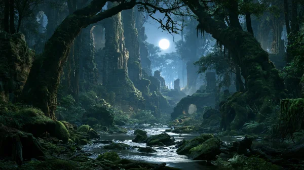 Blue Stream through a Moonlit Forest - Sea, Lakes & Water / Nature & Landscape wallpaper