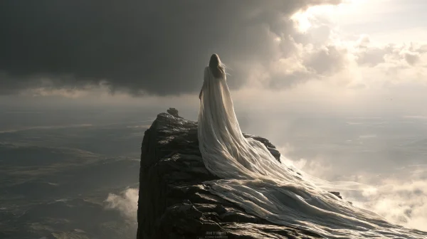 White-Gowned Woman on a Rock among Clouds - Fantasy & Space wallpaper