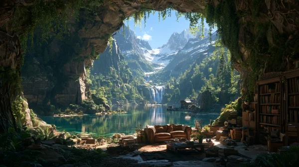 Waterfall and Snow Peaks Seen from a Cave Mouth - Nature & Landscape wallpaper