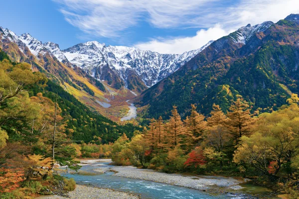 紅葉と雪の岳が広がる上高地の壁紙 - 自然・風景