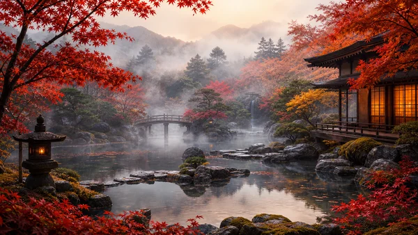 紅葉に包まれた日本庭園の橋 - レッド 4K - 世界遺産・遺跡 / 建築・都市の壁紙