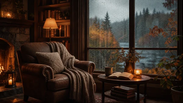 暖炉のそばで眺める雨の森 - オレンジ 4K - 自然・風景の壁紙