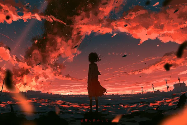 炎の空の下に立つ少女 - ファンタジー・宇宙の壁紙