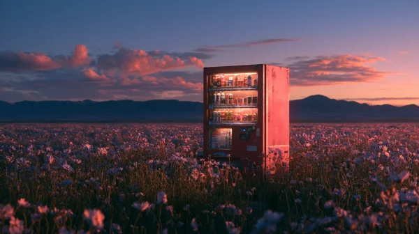 花畑に立つ赤い自動販売機の夕景の壁紙 - 花・植物 / 暮らし・食べ物