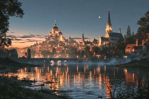 A Lakeside City Sinking in Sunset - Fantasy & Space / Sky, Stars & Sunsets wallpaper